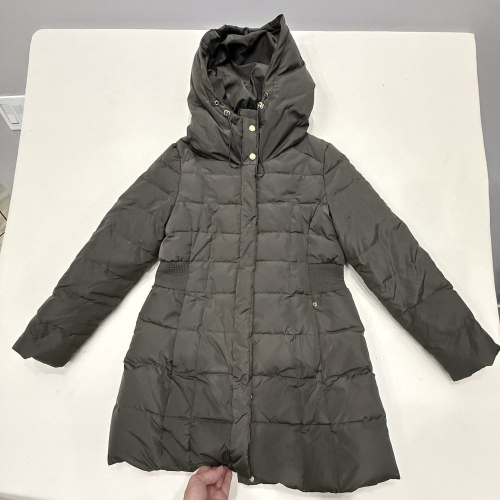 Cole Haan Signature Hooded Down Puffer Coat Jacket Olive Green Women's Size PL
